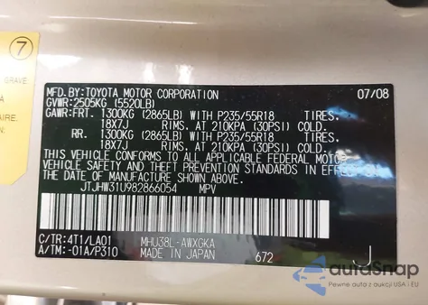 2008 Lexus Rx 400H z USA, uszkodzony, nr VIN JTJHW31U982866054